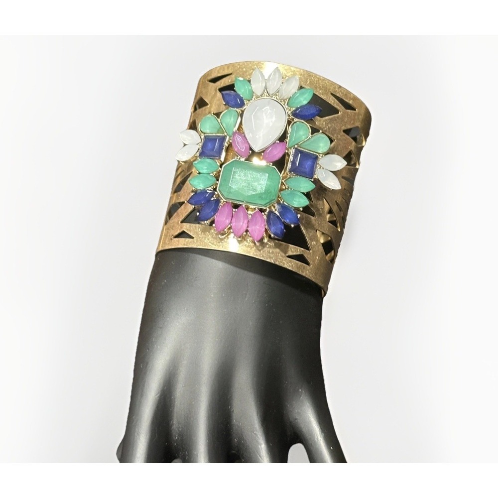 Cuff Bracelet Multicolor Faceted Acrylic Stones Blue Green Bold Gold Tone Wide